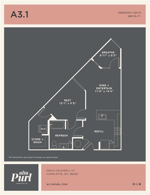 Floor plan for 1 bed, 1 bath, 686 sqft